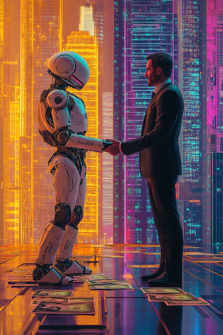 Robot shaking hands with businessman