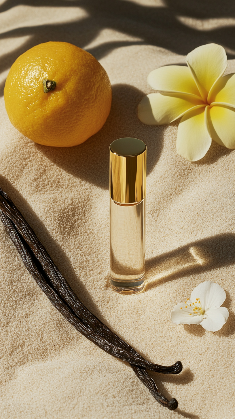 Roller-ball perfume bottle on sandy surface