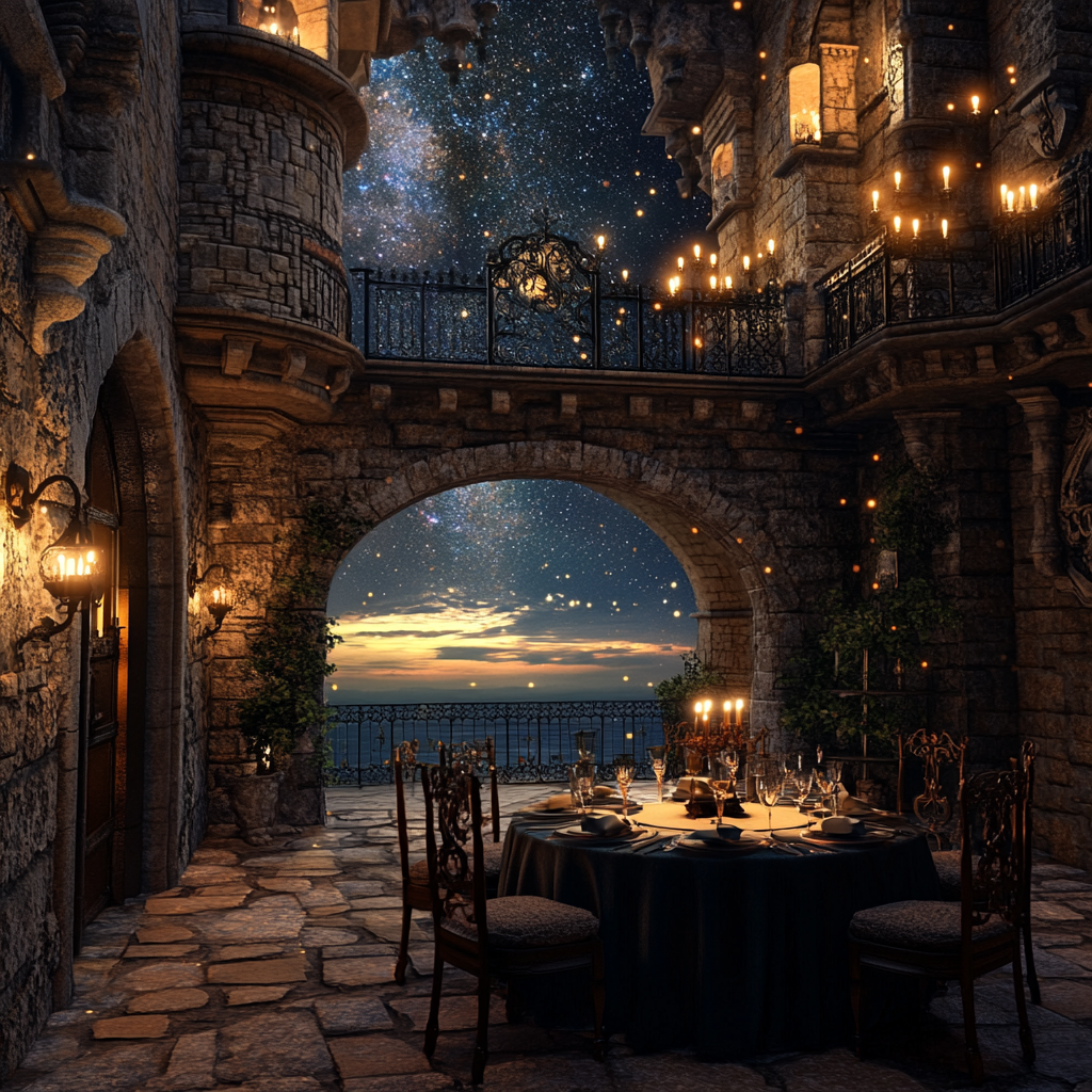 romantic castle dinner with twinkle lights and stars viewing