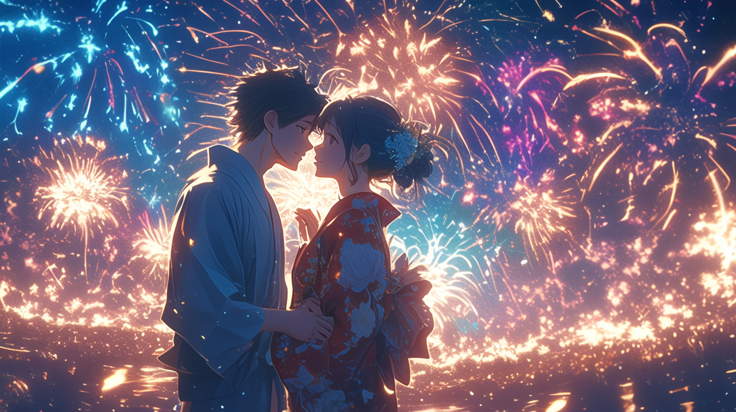 Romantic Couple Watching Fireworks Together