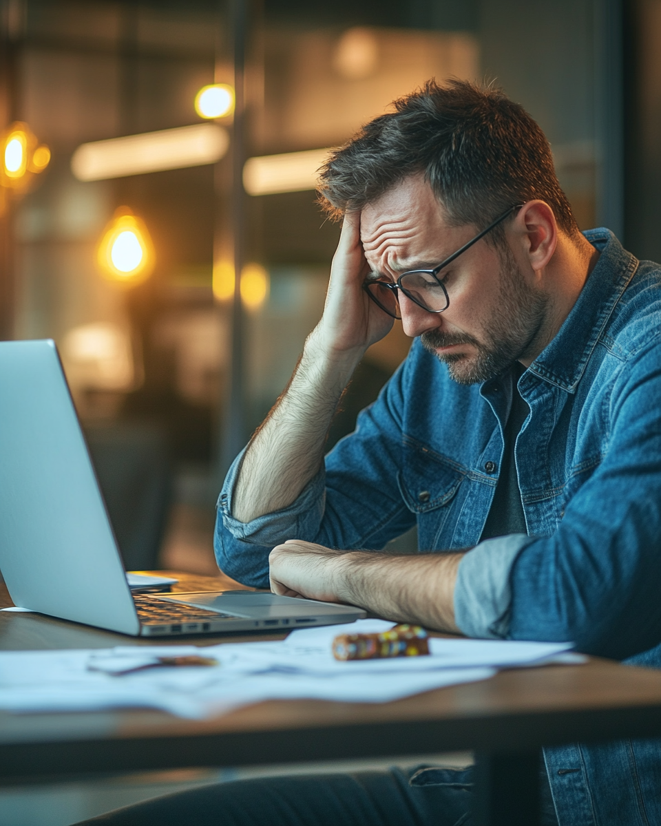 Sad man working at office desk