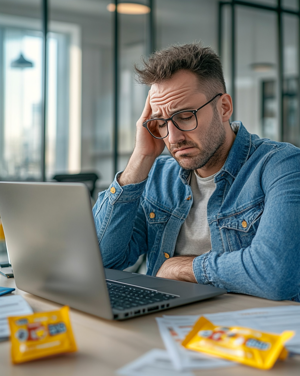 man sad office desk laptop