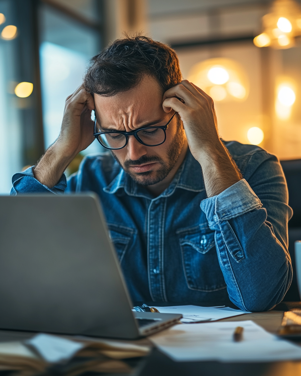 Sad man at desk with laptop