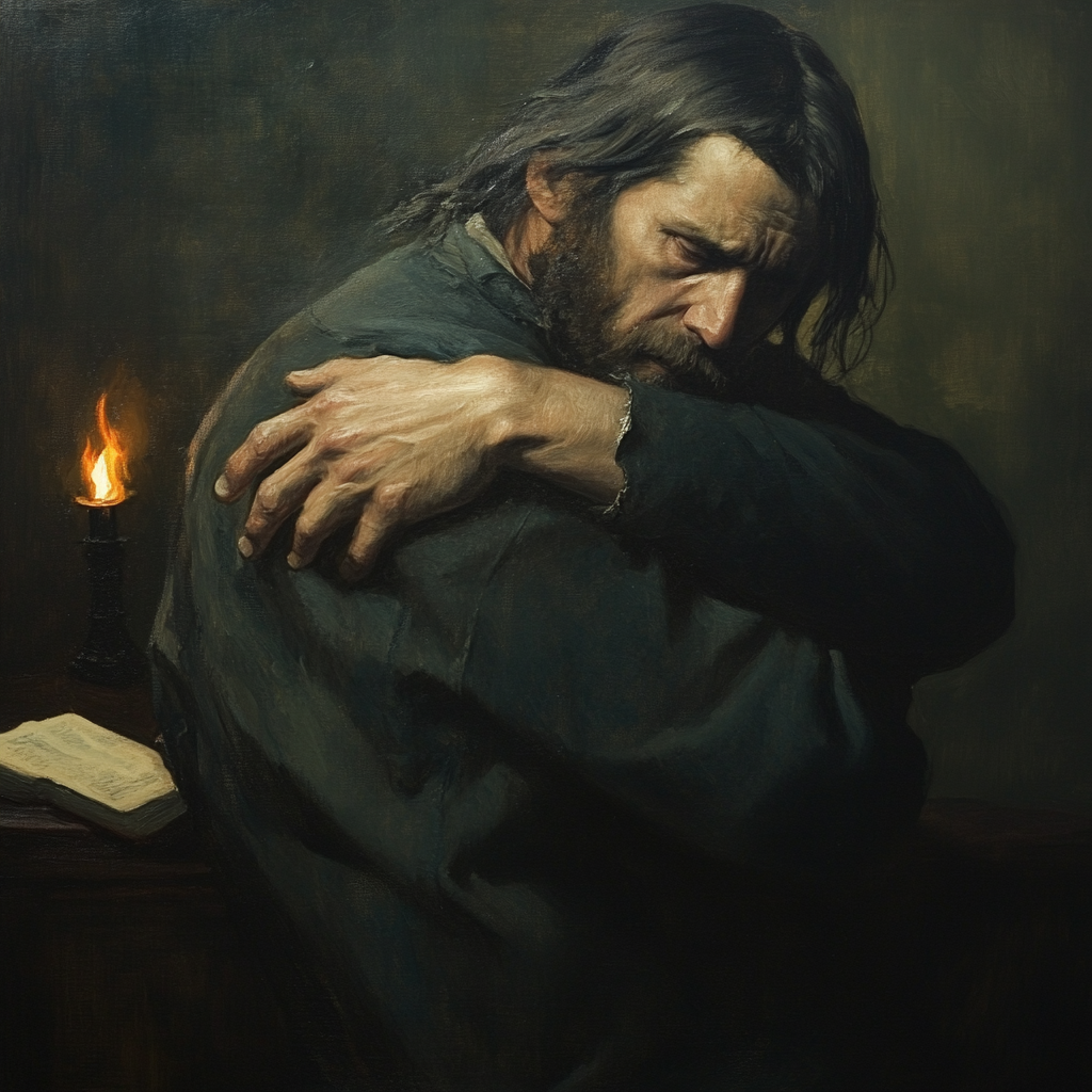 Sad man in oil painting