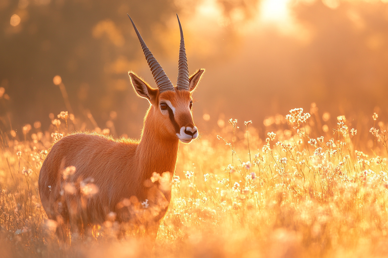 Enchanted sunset with saiga antelope