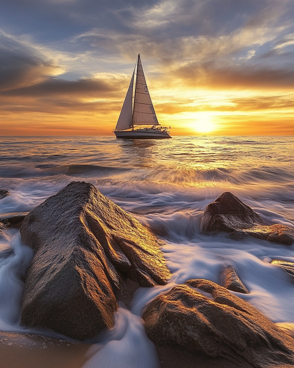 sailboat on horizon at sunset