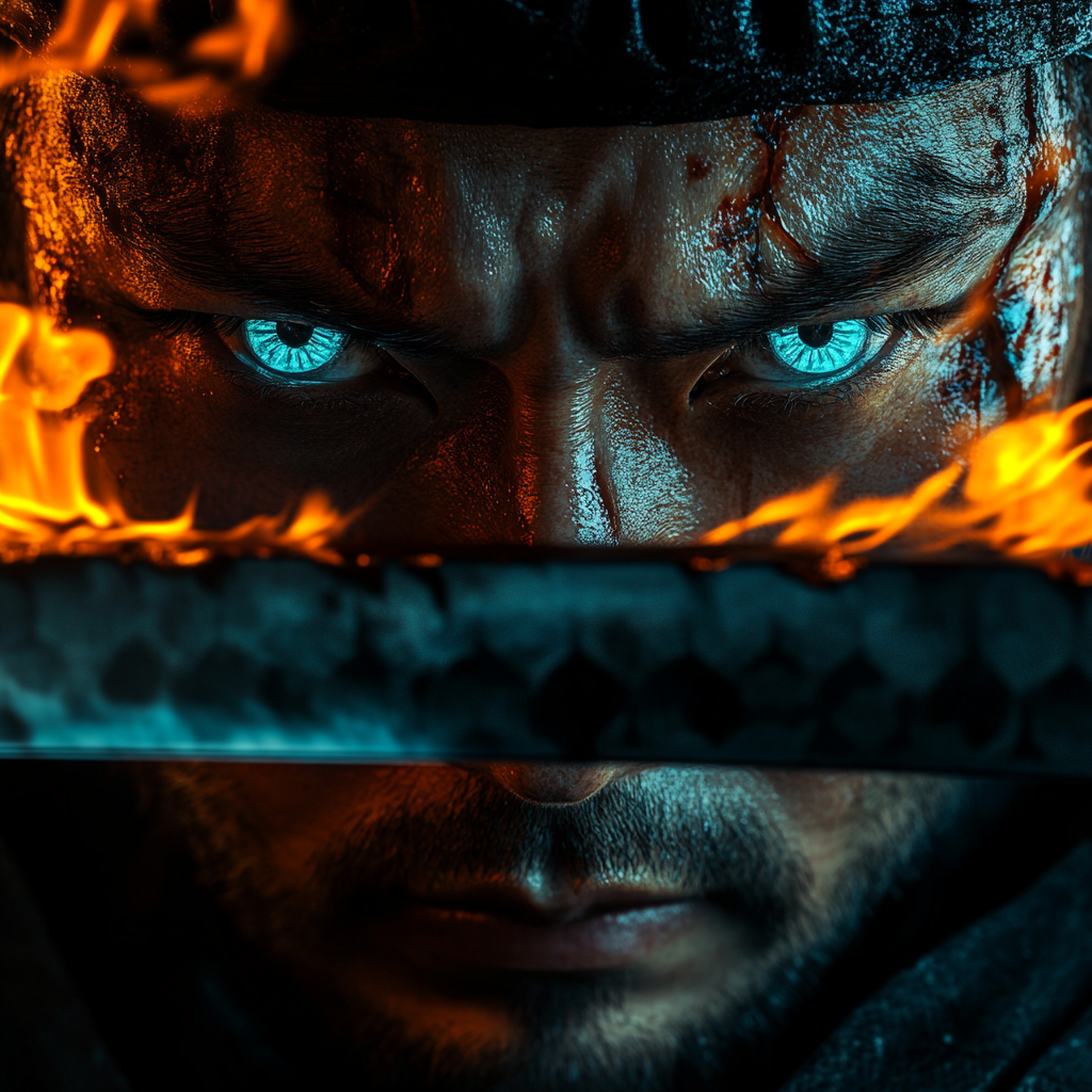 Samurai with burning turquoise katana