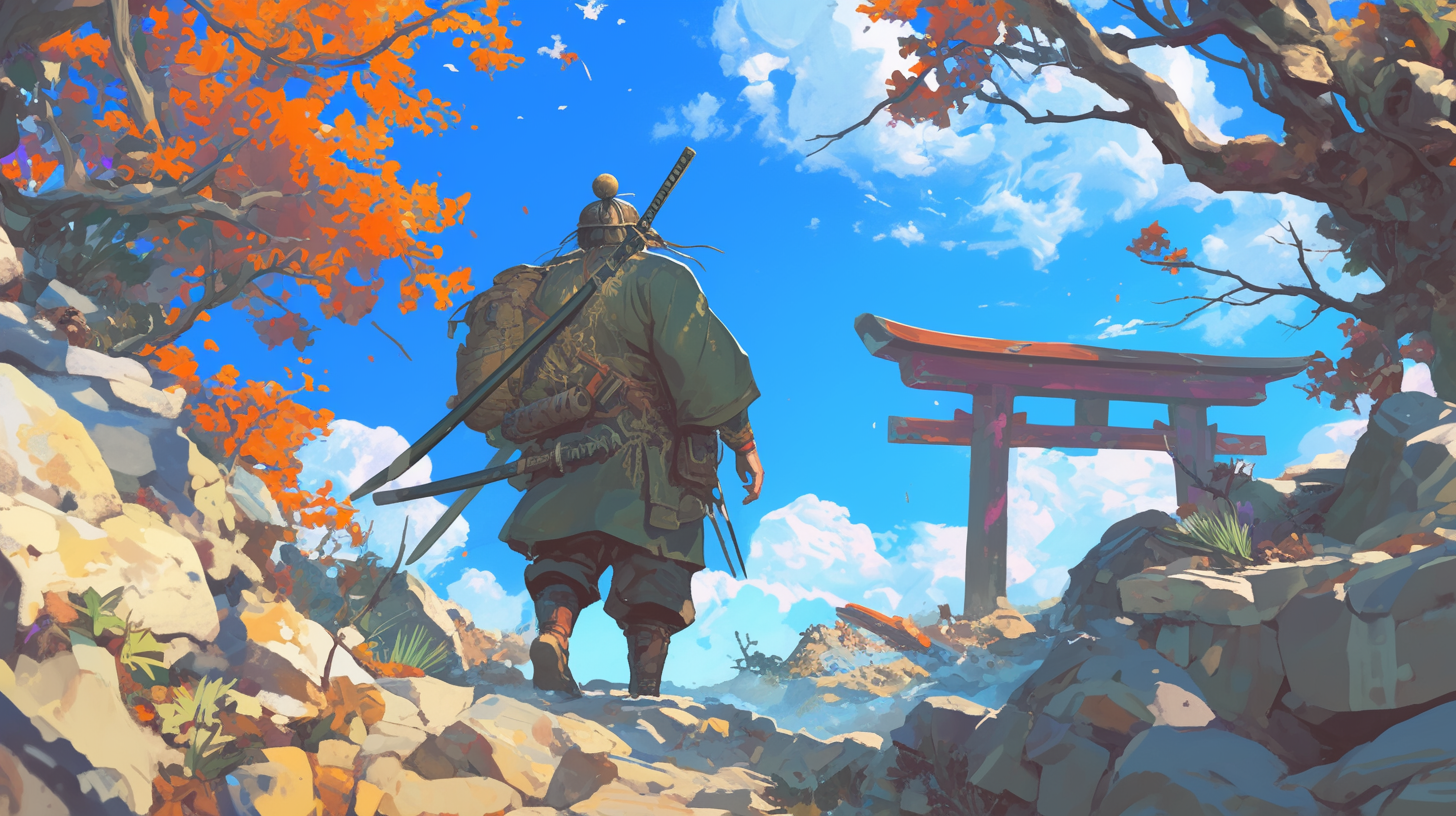 Samurai navigating obstacles in anime style