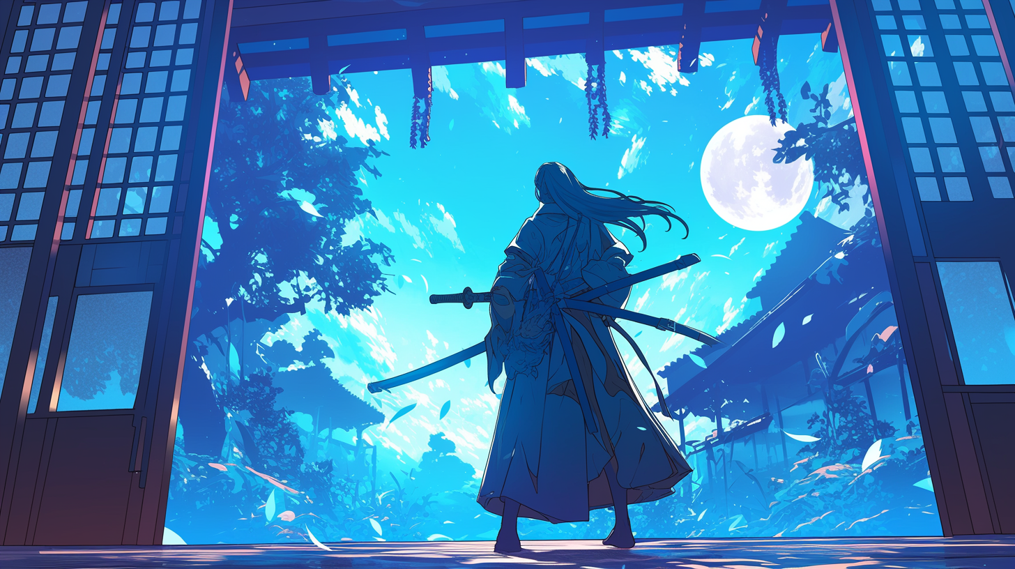 samurai princess smiling in moonlight