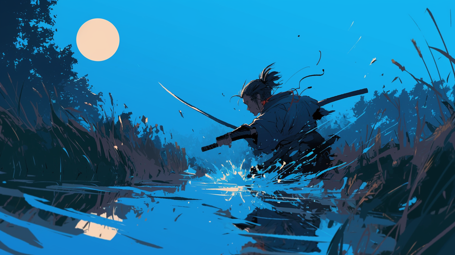 samurai in river moon reflection