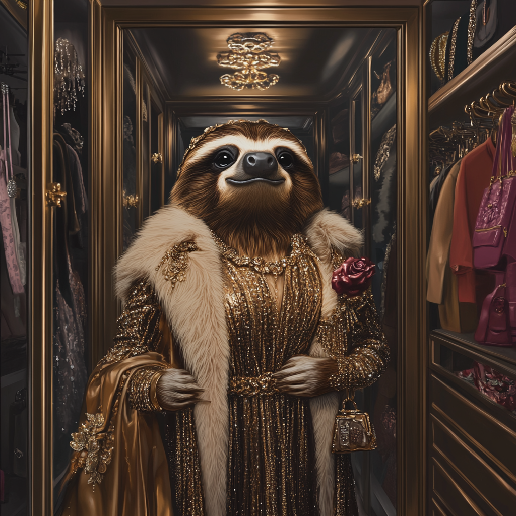 Sloth in luxury walk-in closet