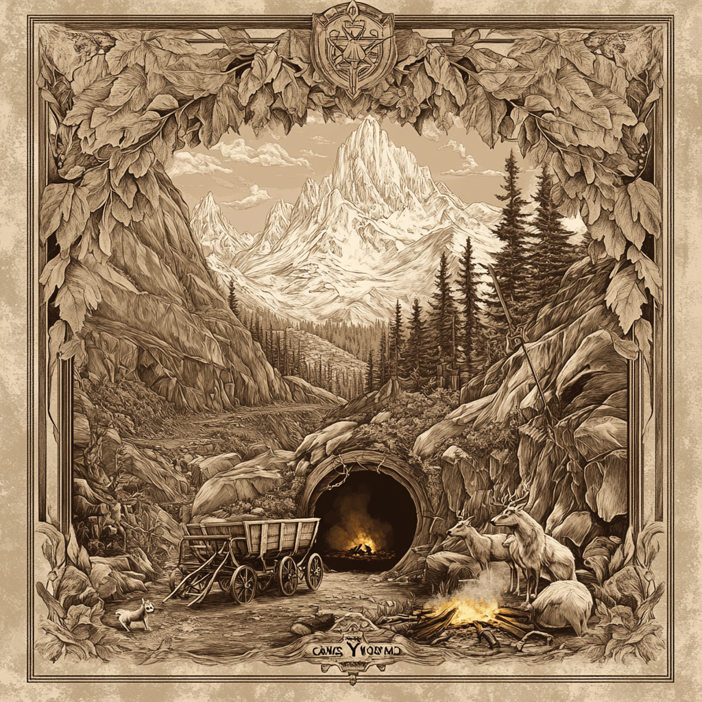 sepia western mining poster with Yggdrasil, mountain, animals.