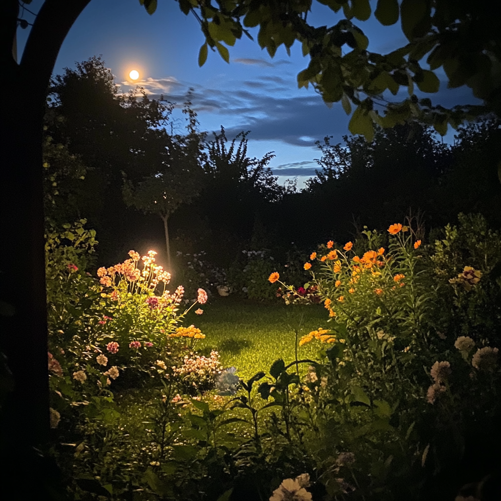 Tranquil moonlit garden with glowing flowers