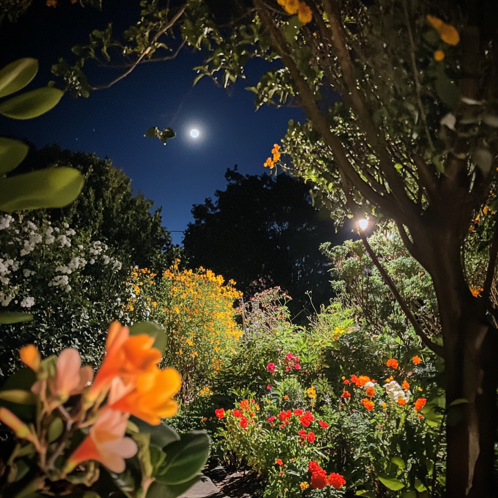 Nighttime garden with colorful flowers