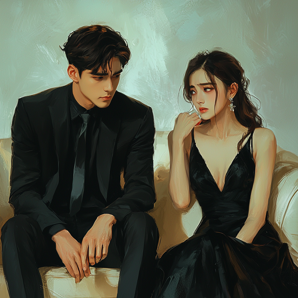 serious Korean man on light sofa with sad girl in black dress.