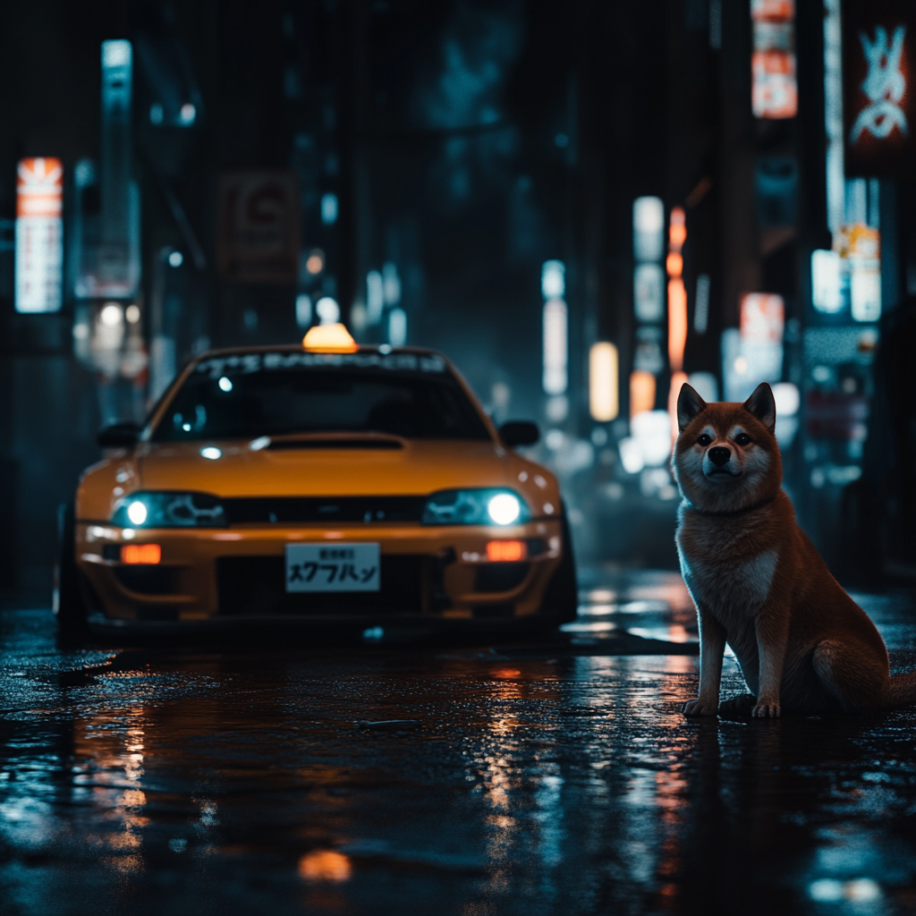 Shiba Inu near Japanese drift car