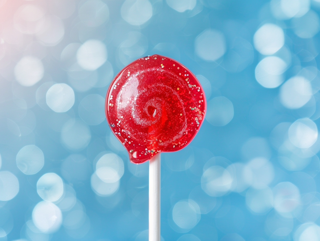 Shiny red glass lollipop on blue background