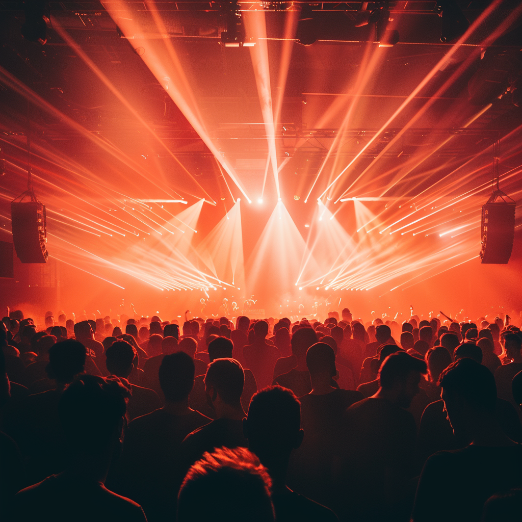 silhouettes dancing in hazy techno nightclub with low ceilings.