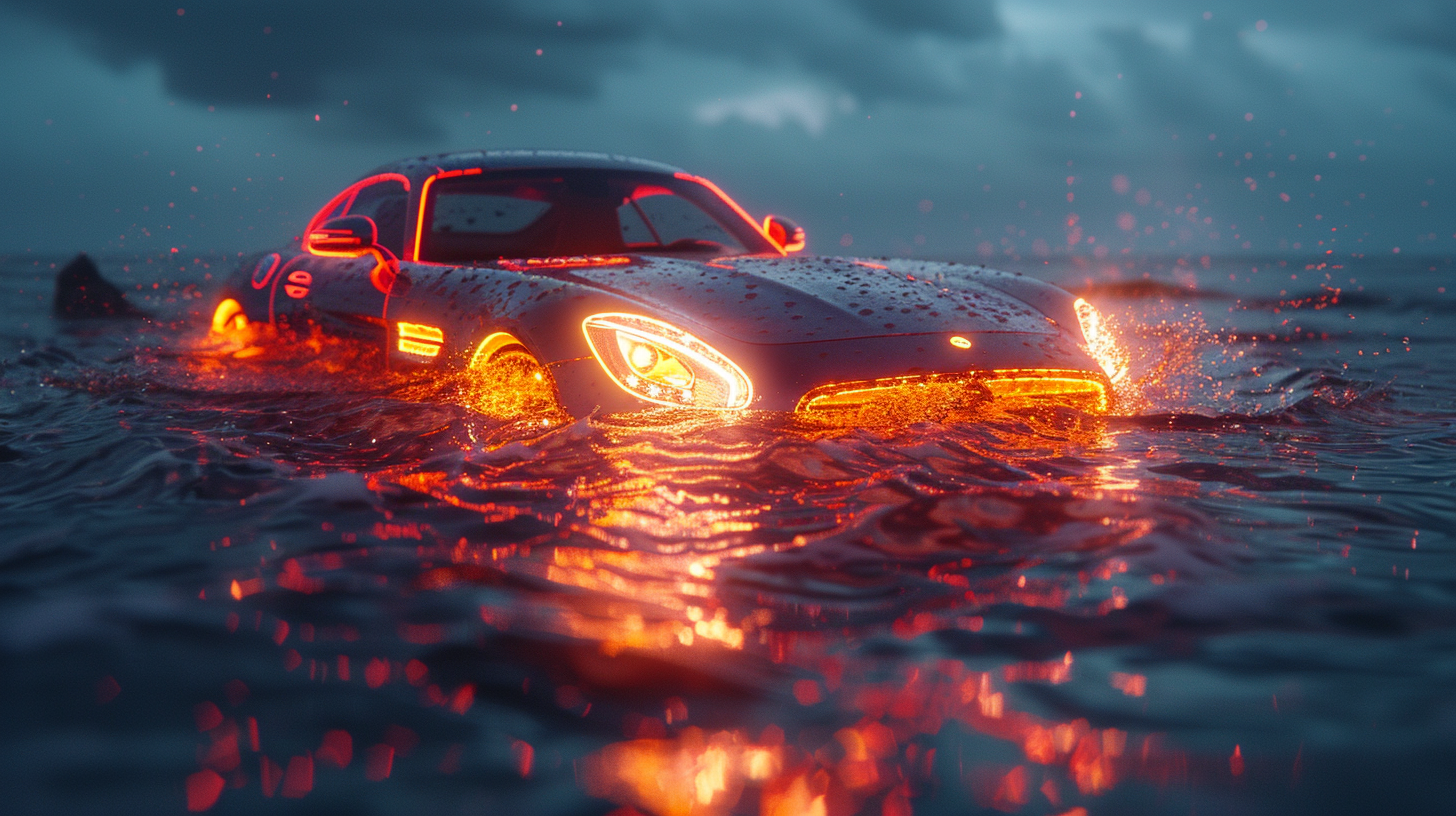 Car sinking in water at night