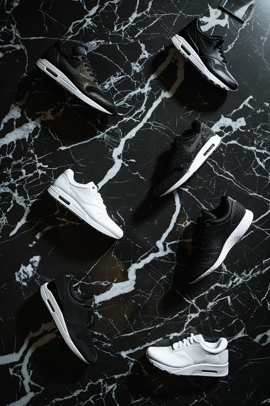 six luxury athletic shoes on black marble display studio