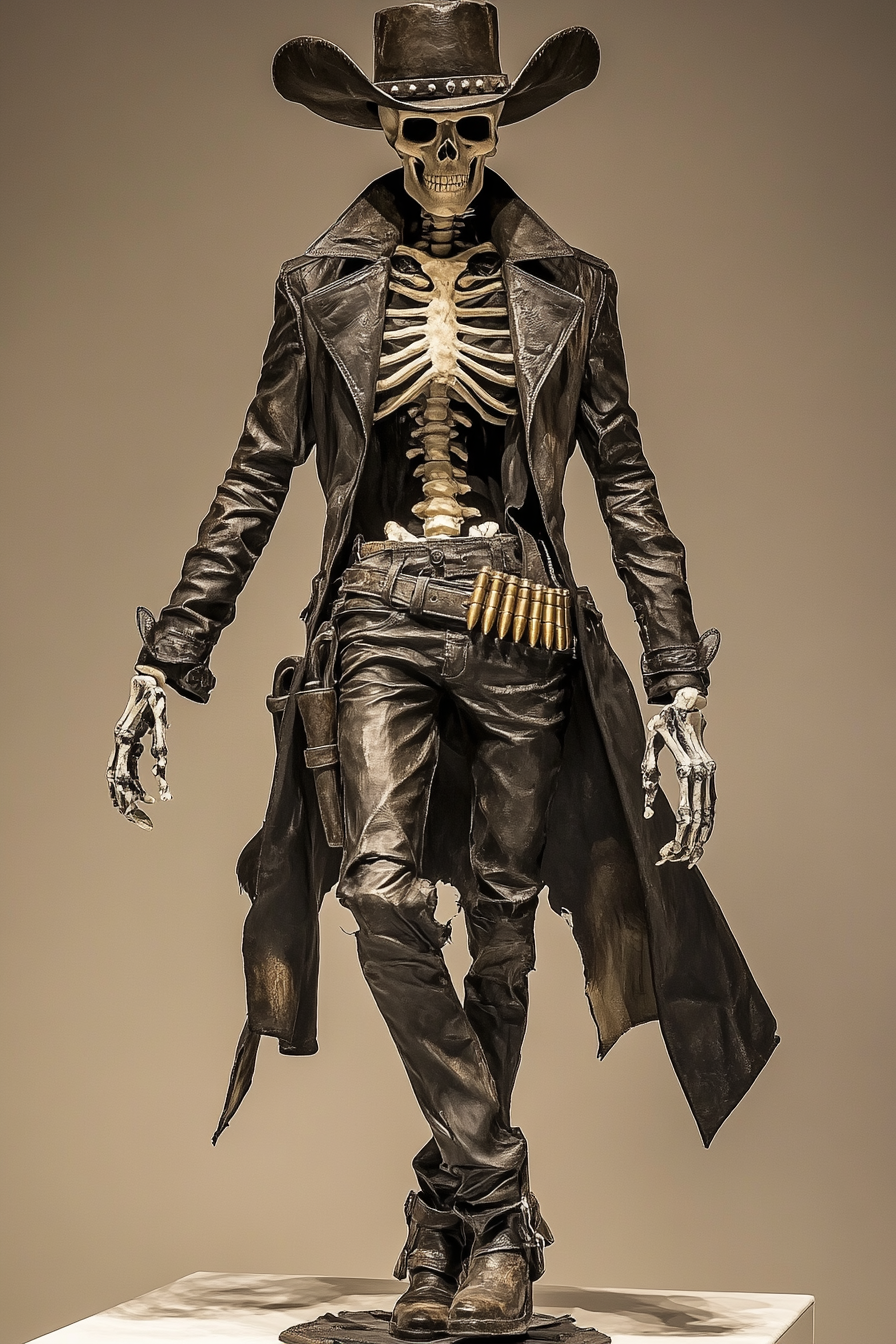 Skeleton man in dark cowboy outfit