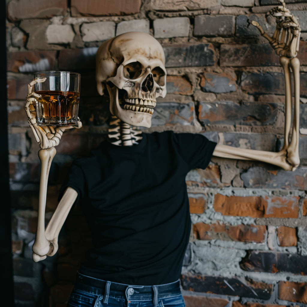 Skeleton in cool attire holding bourbon