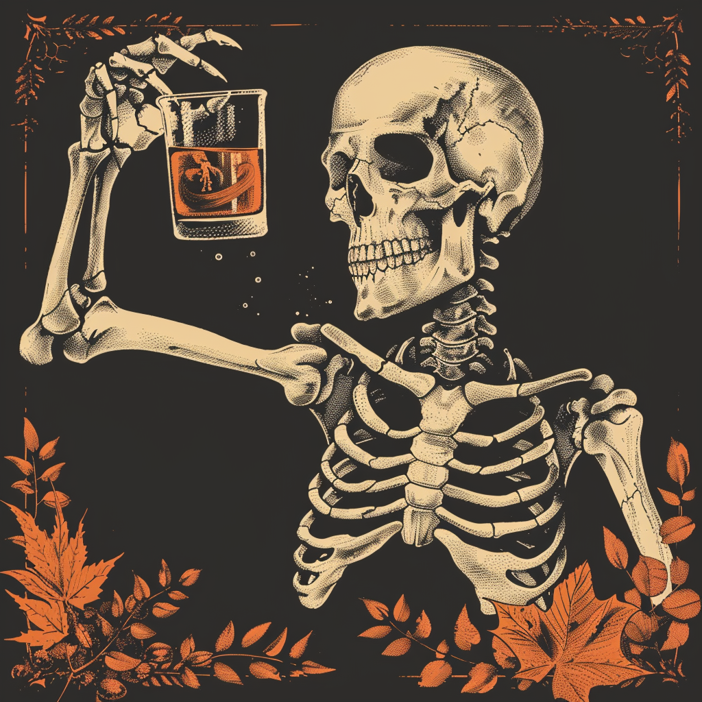 Skeleton wearing t-shirt holding bourbon