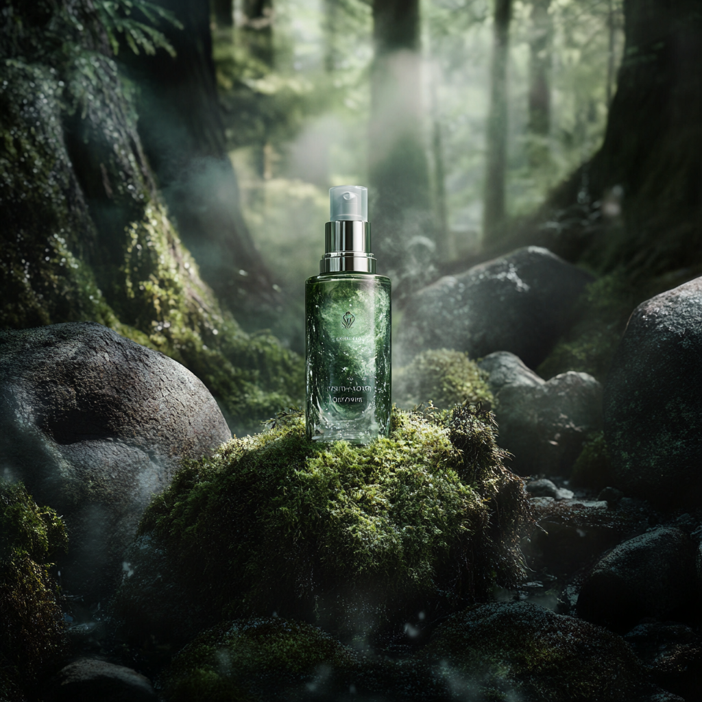 Skincare product in mossy forest