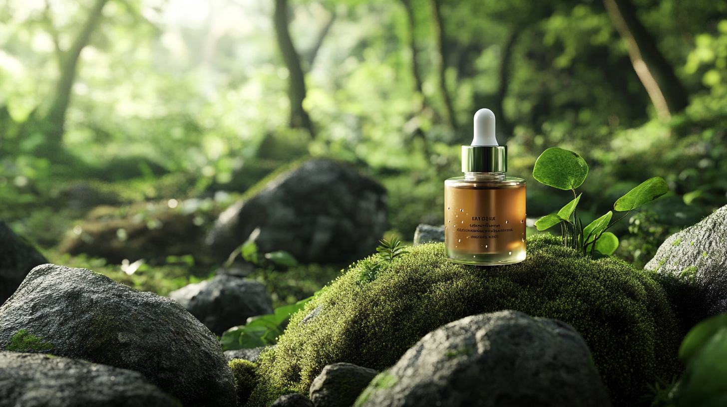 Skincare product in tranquil forest