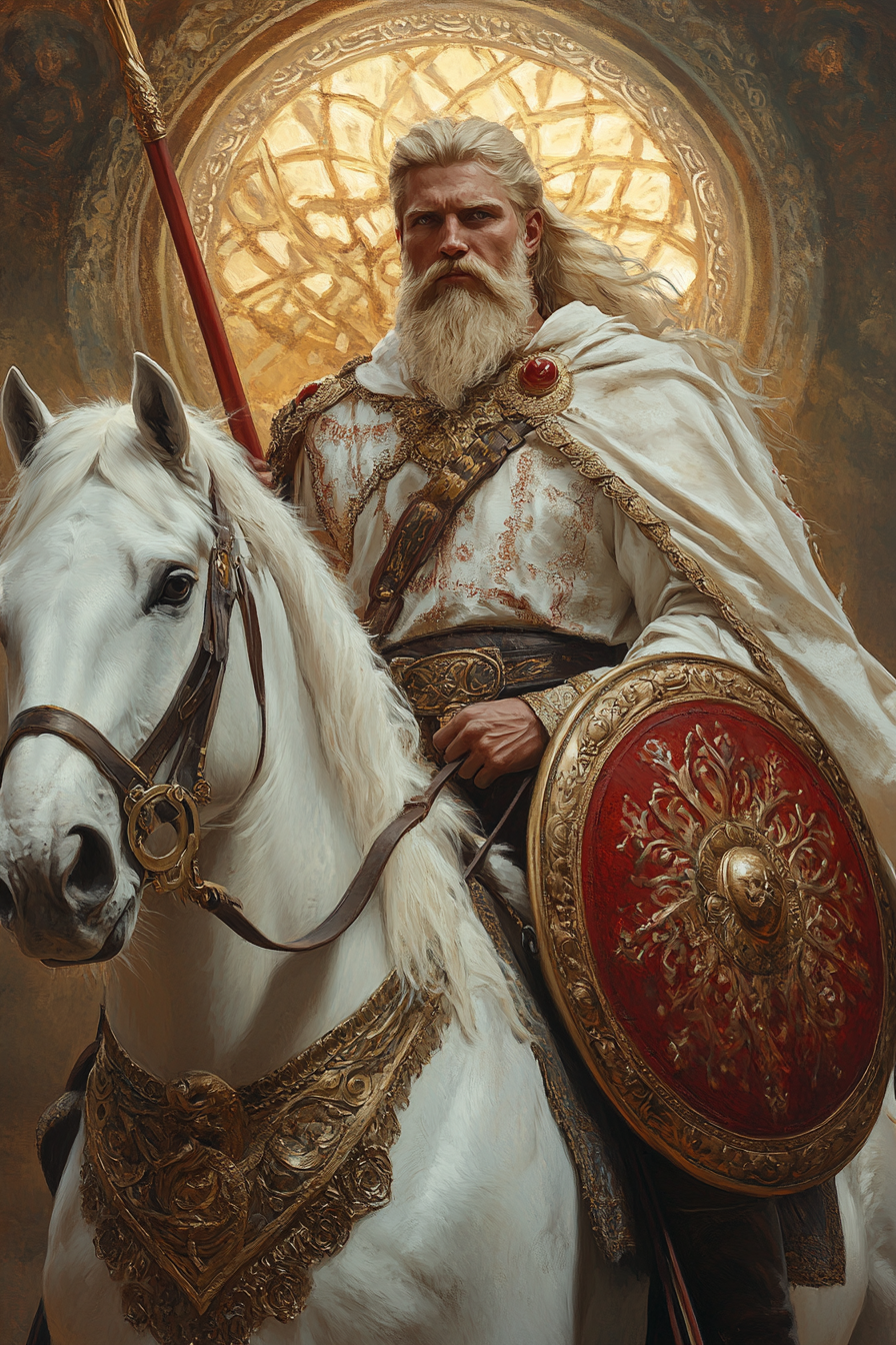 Slavic warrior on white horse