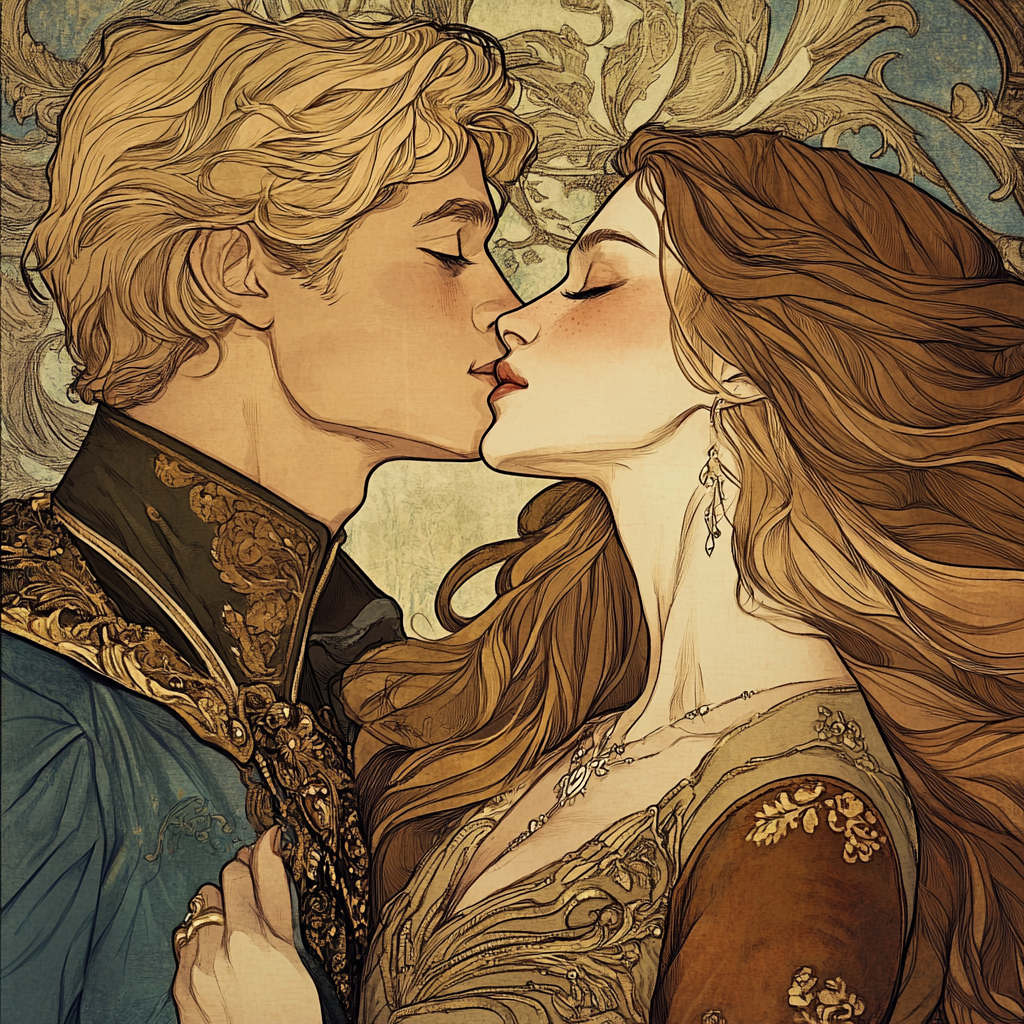 Woman kissing sleeping prince illustration