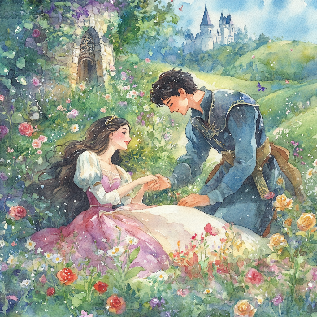 Watercolor Sleeping Beauty and Prince Illustration