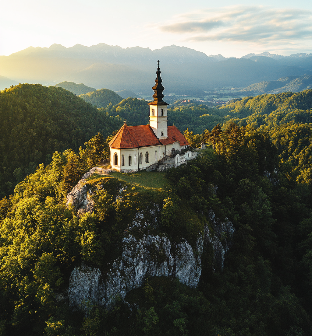 Sunset Spired Church Skofja Loka