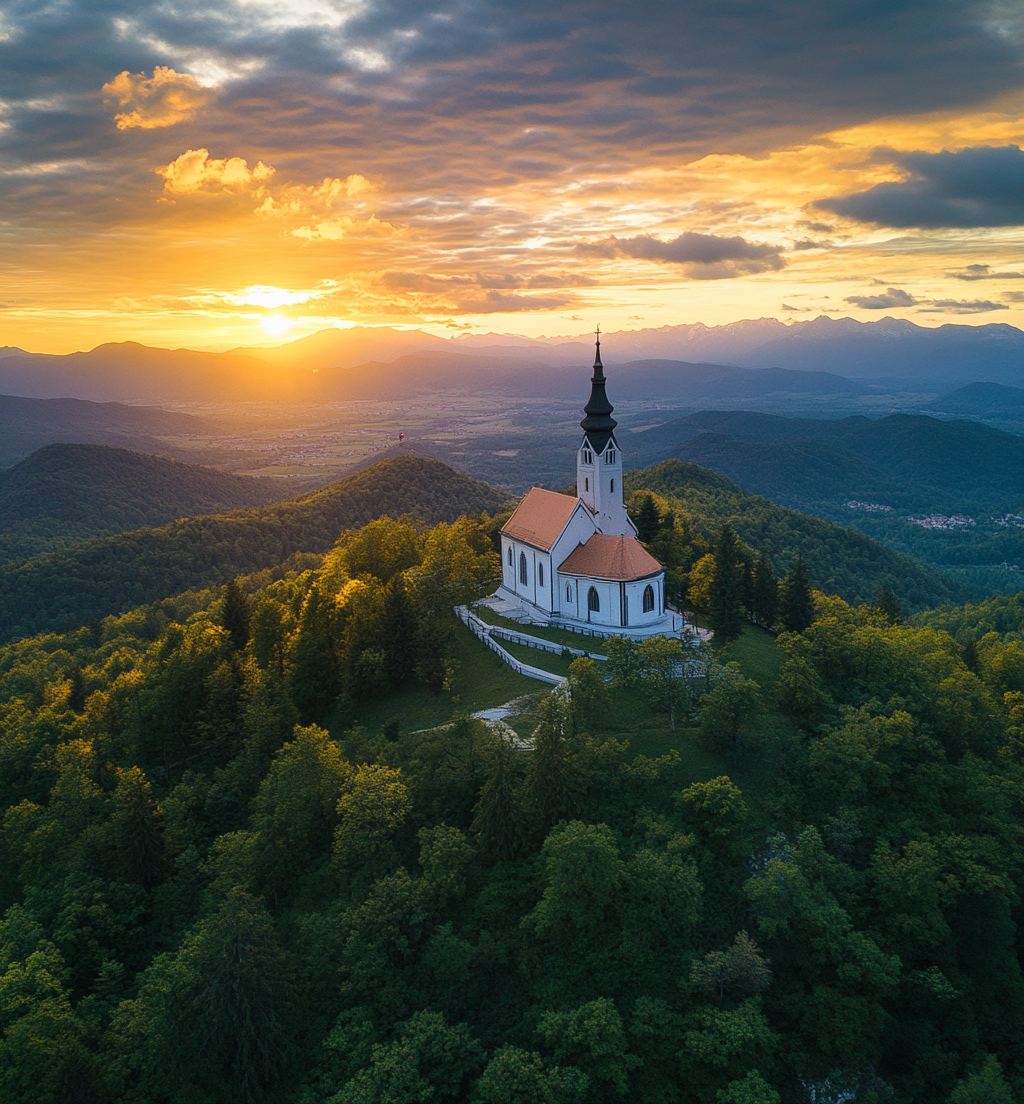 Spired Church in Slovenia Sunset