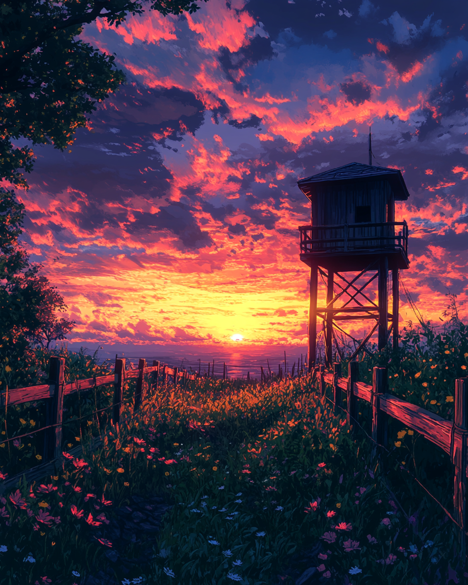 Small watchtower in sunset field