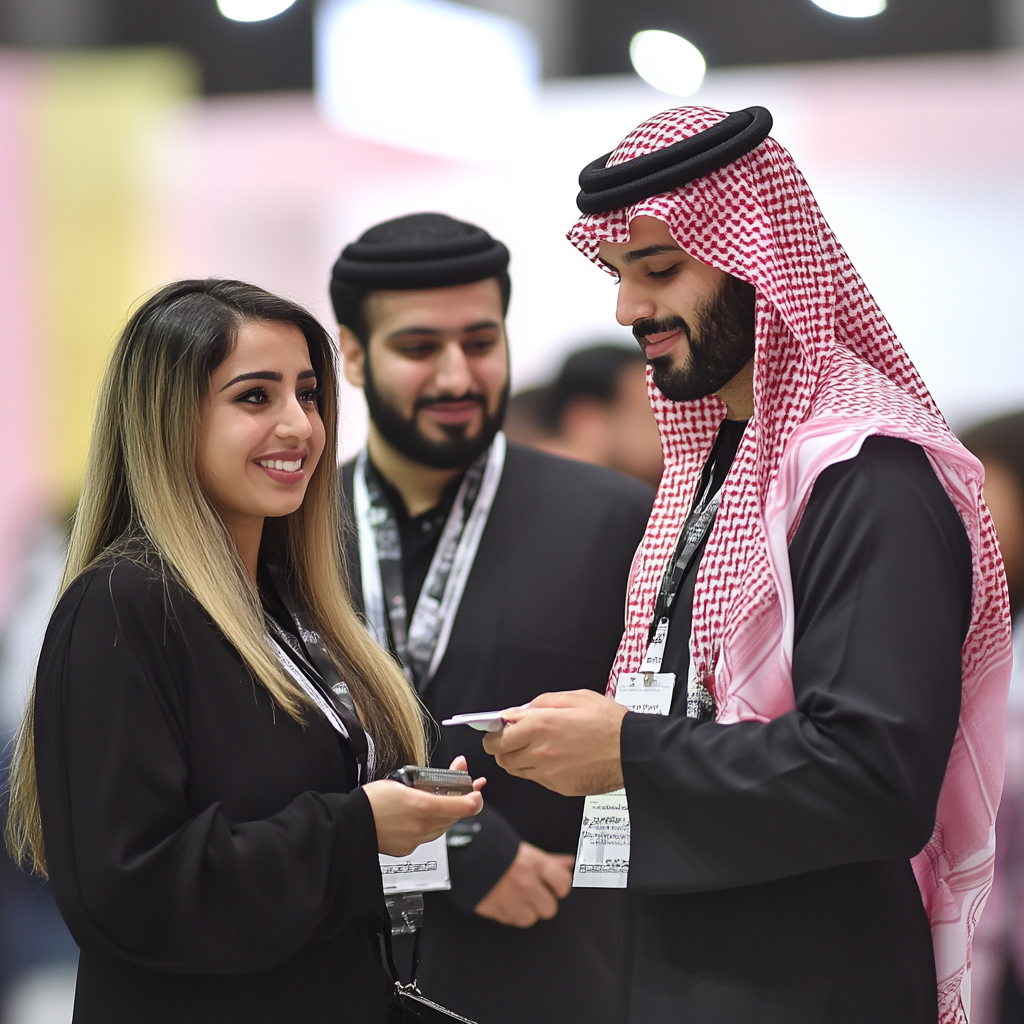 Saudi people networking with smart badges