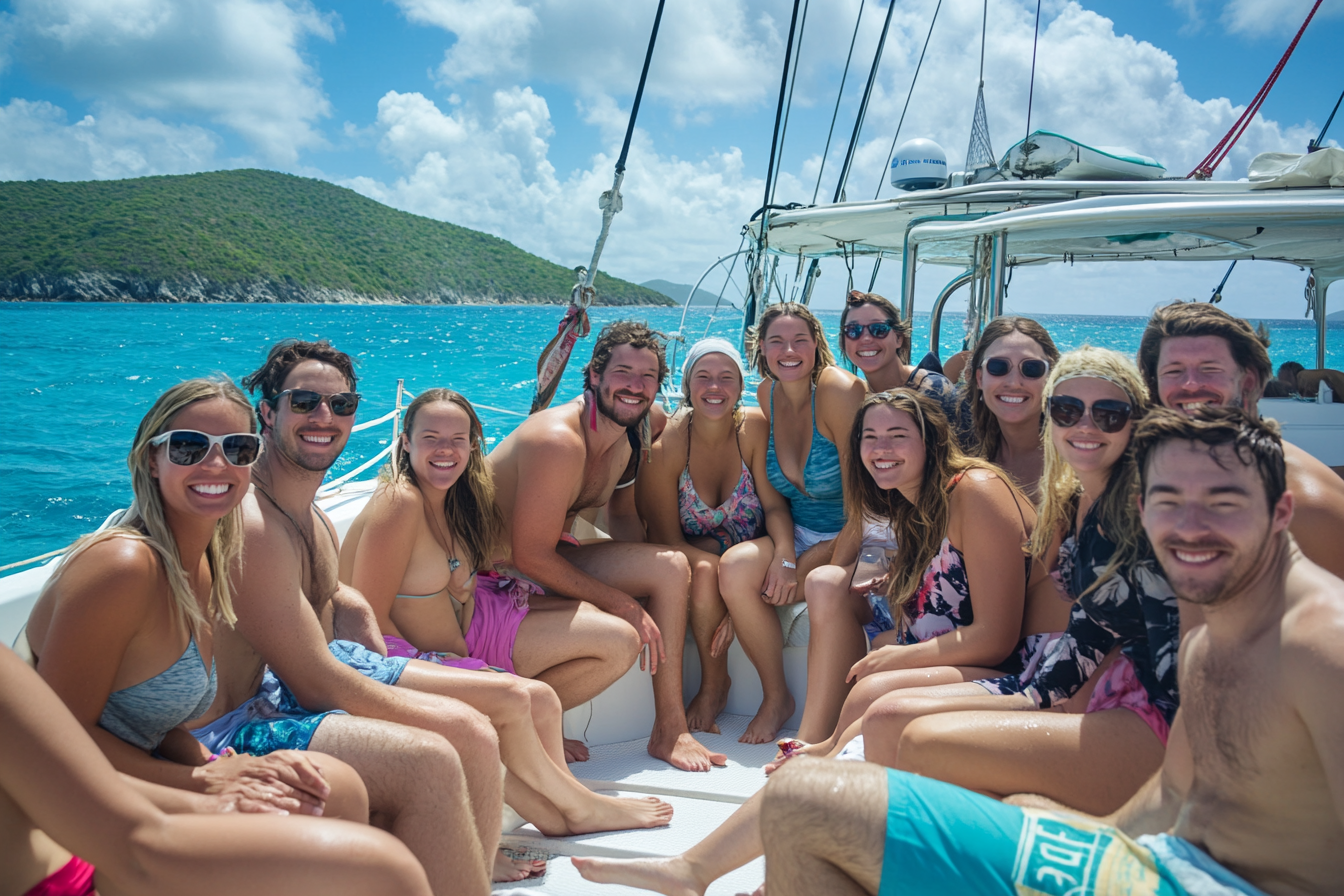 Smiling Group People Catamaran Deck