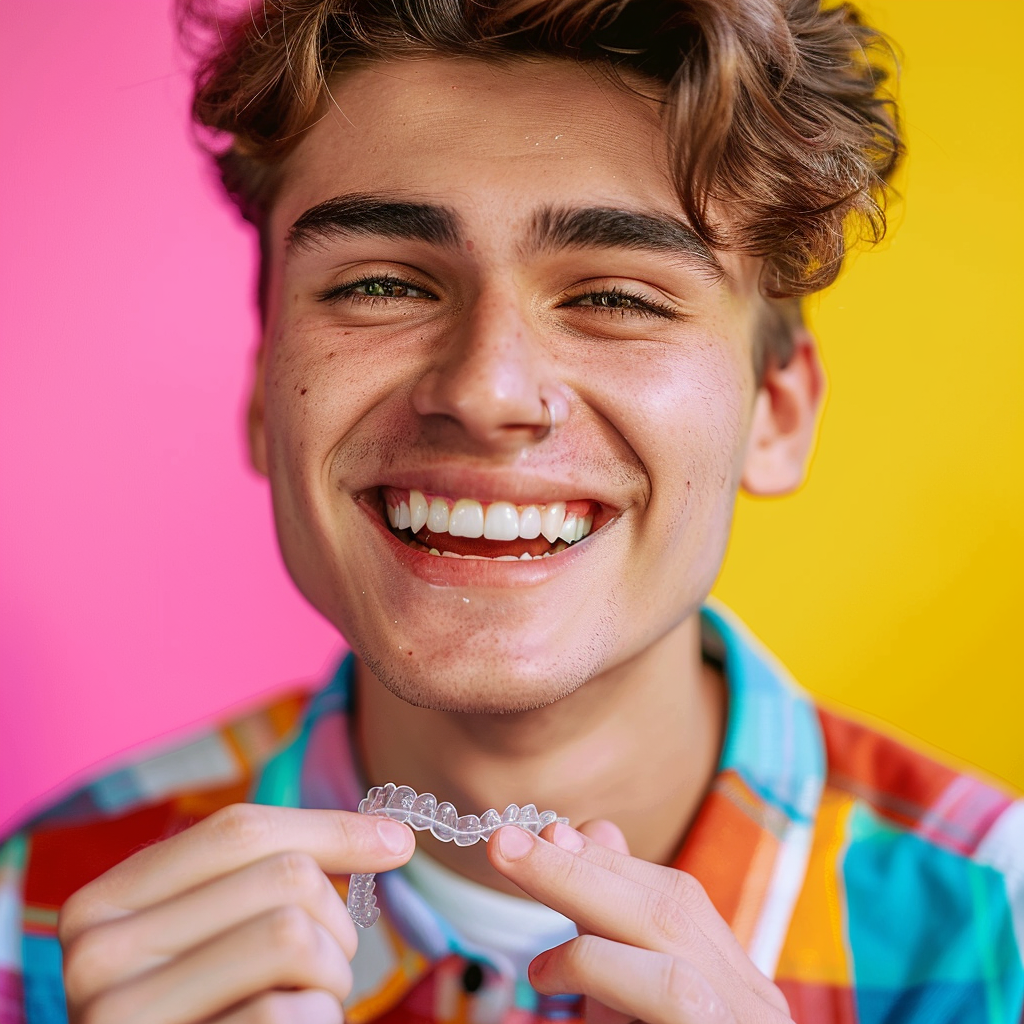 Young man with clear aligner