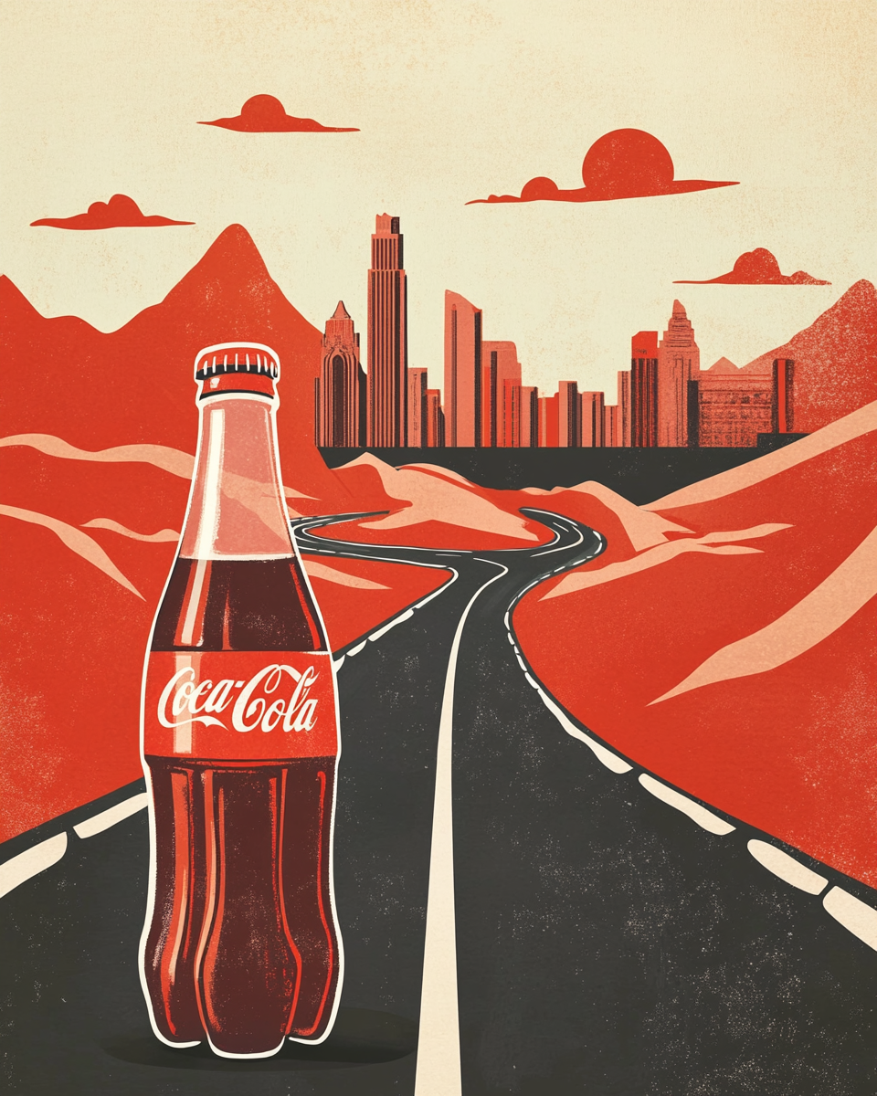 Soda bottle traveling through iconic eras