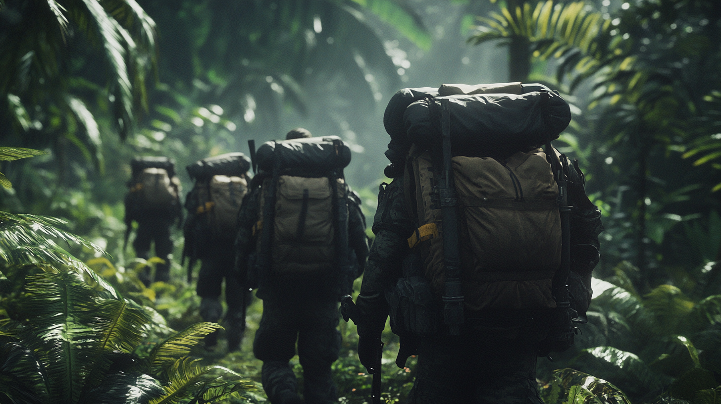 Soldiers in Jungle with Backpacks