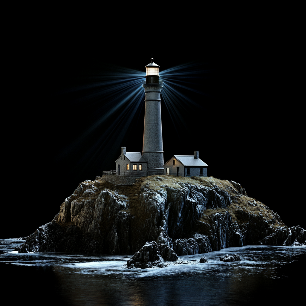 Lighthouse on island at night