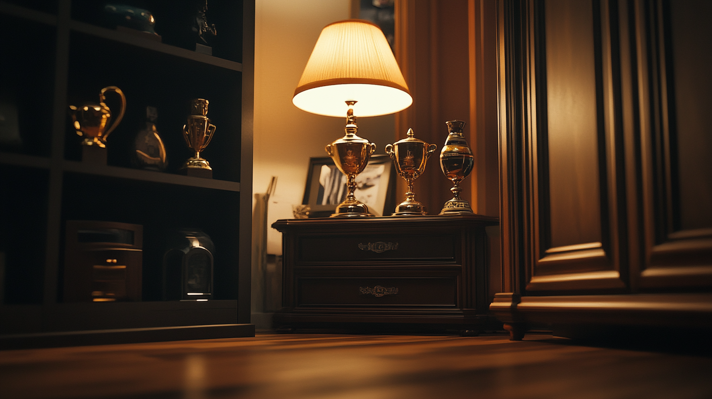 Row of sophisticated trophies at night