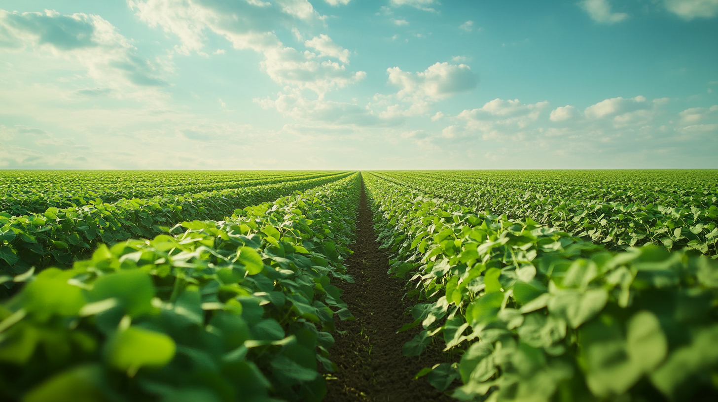 soybean plants in perfect rows reaching to the sky