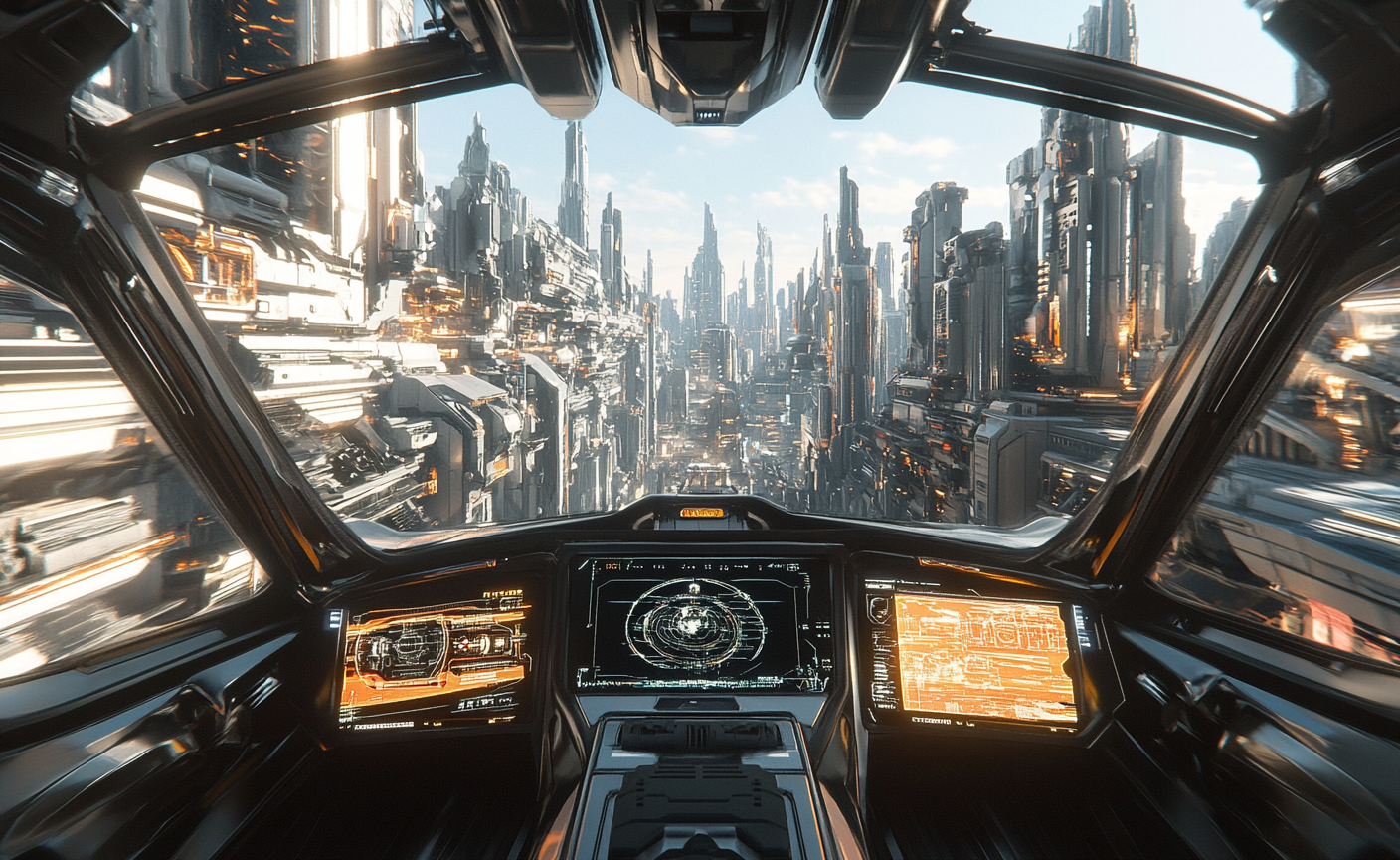 Spaceship cockpit in futuristic city