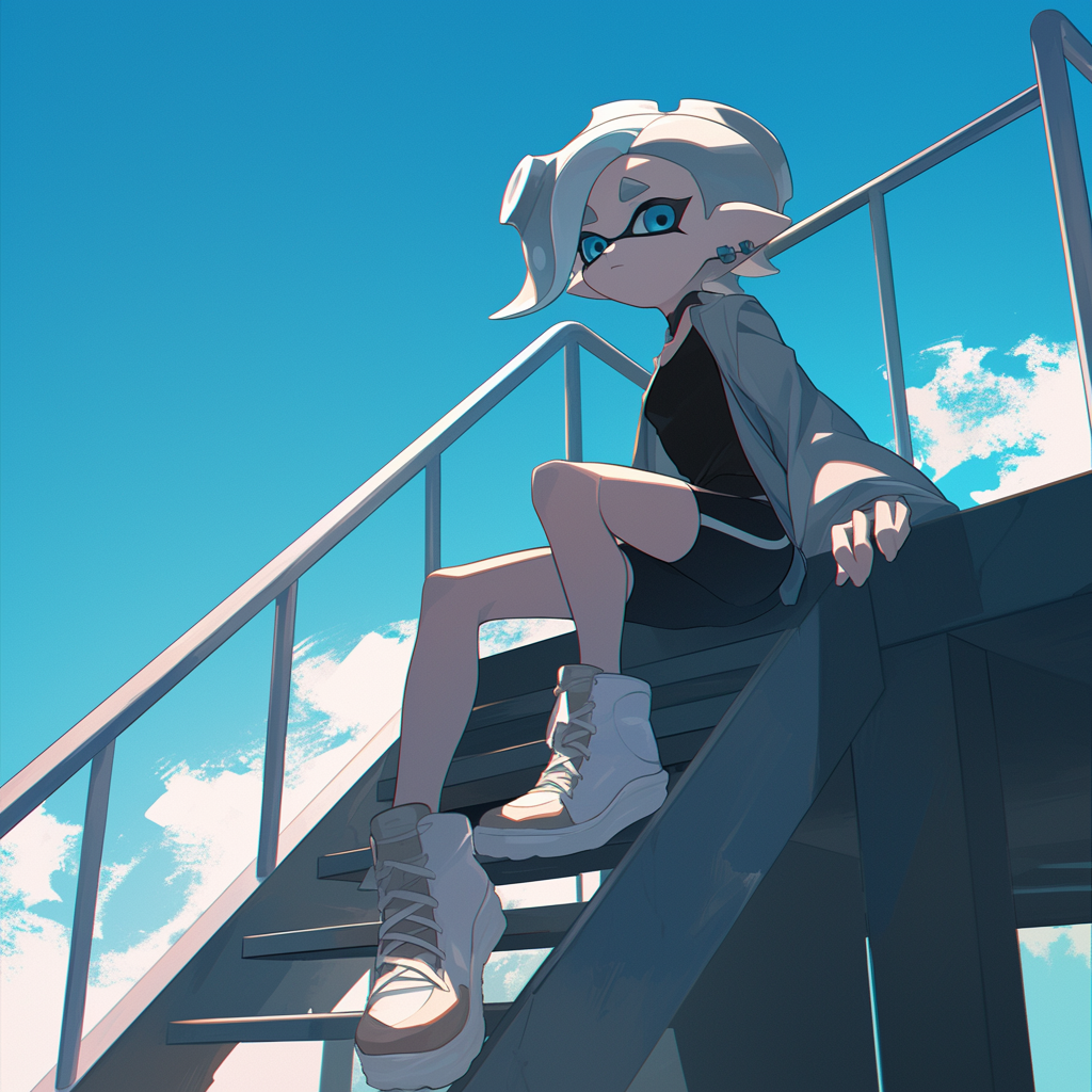 girl with gray hair leaning on railing