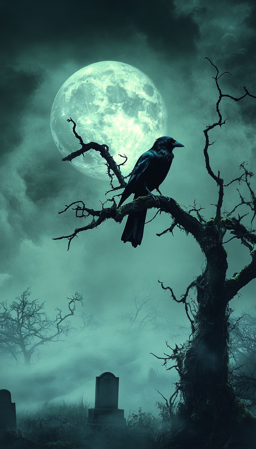 eerie moon tree graveyard raven