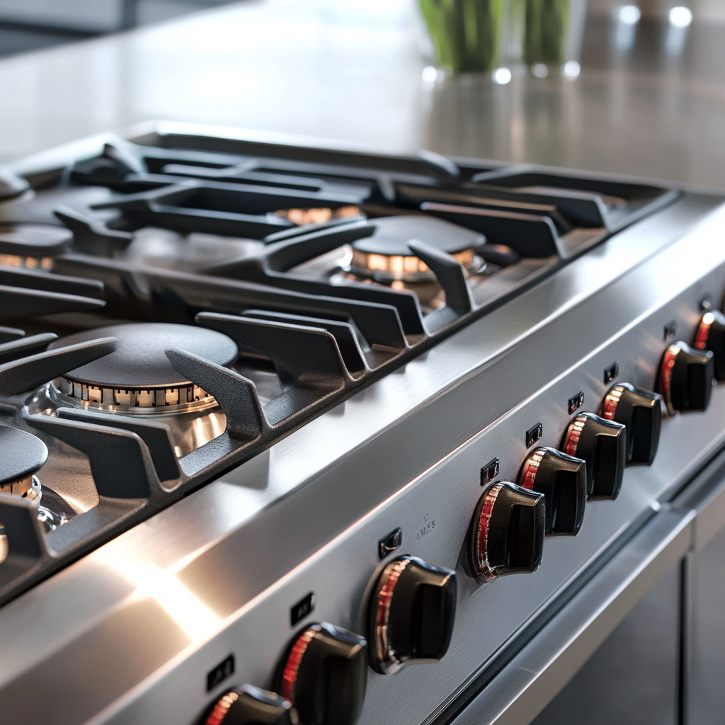 detailed stainless steel rangetop close-up