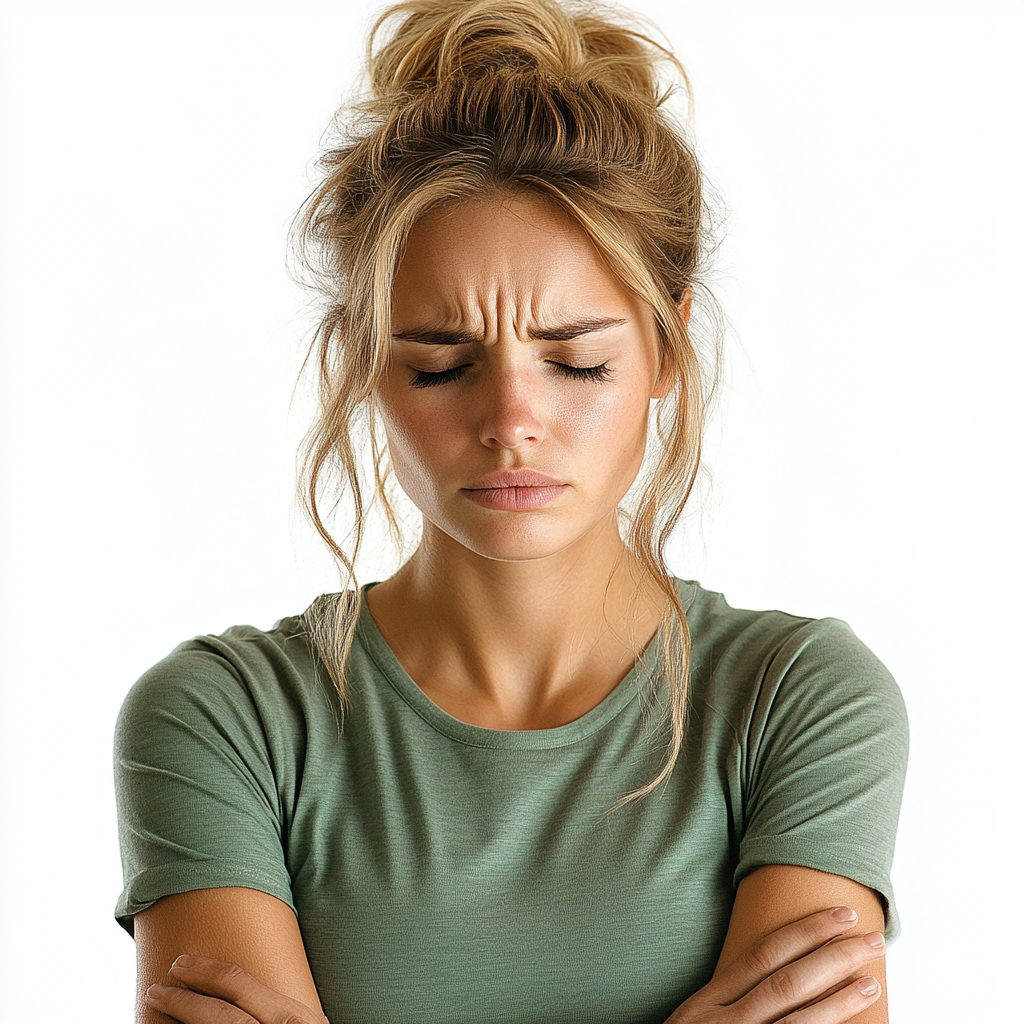 Overwhelmed woman in green shirt