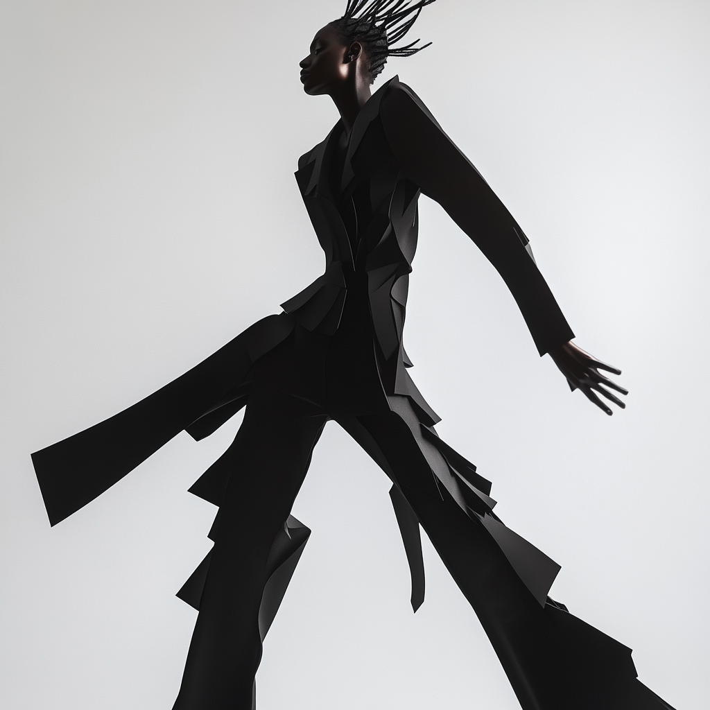 Dark-skinned model in avant-garde outfit