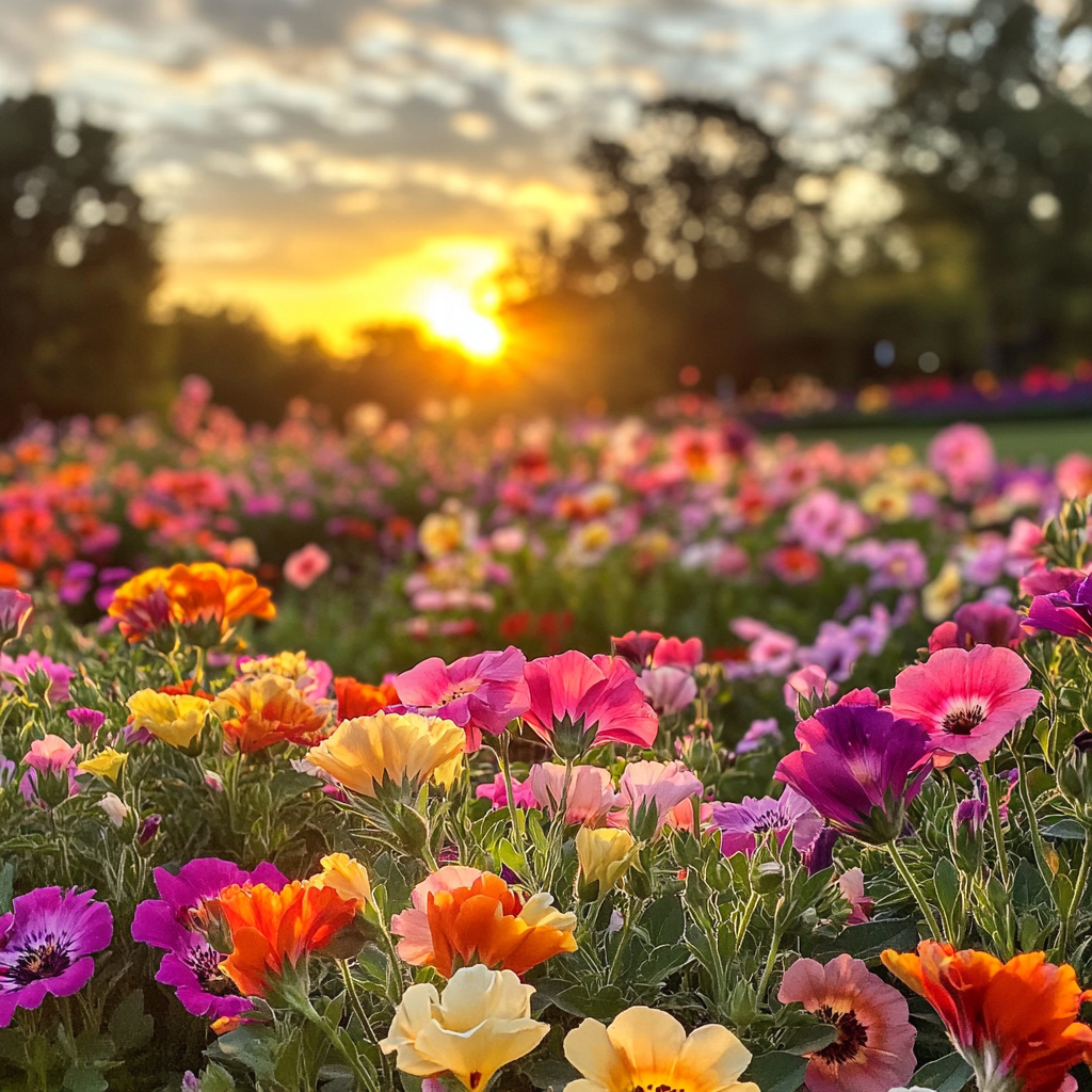 Beautiful Sunrise over Flower Garden